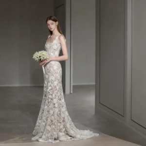 Spaghetti Strap Lace Mermaid Wedding Dress - Slim-Fit Sheer Bridal Gown for Boho Forest Weddings