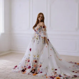 011002(1)(1) Boho Floral Embroidery Off-the-Shoulder Evening Gown
