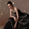 Black Strapless Pearl Evening Gown