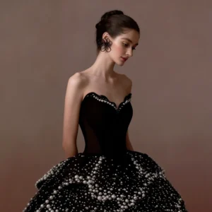 Black Strapless Pearl Evening Gown