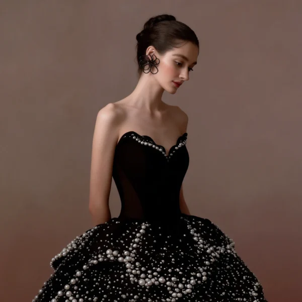 Black Strapless Pearl Evening Gown