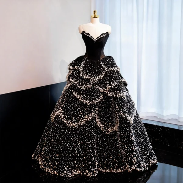 Black Strapless Pearl Evening Gown