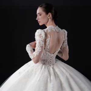 Lace Ball Gown Wedding Dress - Long Sleeve Bridal Gown with Illusion Open Back & Cathedral Train