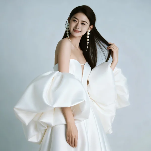 Luxury Satin Wedding Dress -  Oversized Puff Sleeves & Elegant Train