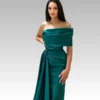 Satin Off-the-Shoulder Bridesmaid Dress - Slit Party Evening Gown with Elegant Drape