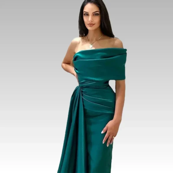 Satin Off-the-Shoulder Bridesmaid Dress - Slit Party Evening Gown with Elegant Drape