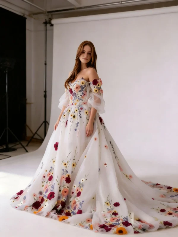 Boho Floral Embroidery Off-the-Shoulder Evening Gown