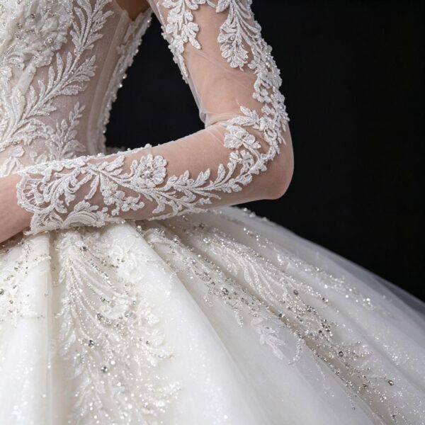 Lace Ball Gown Wedding Dress - Long Sleeve Bridal Gown with Illusion Open Back & Cathedral Train