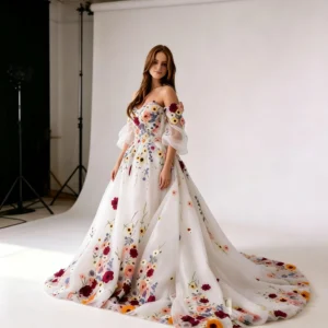 Boho Floral Embroidery Off-the-Shoulder Evening Gown