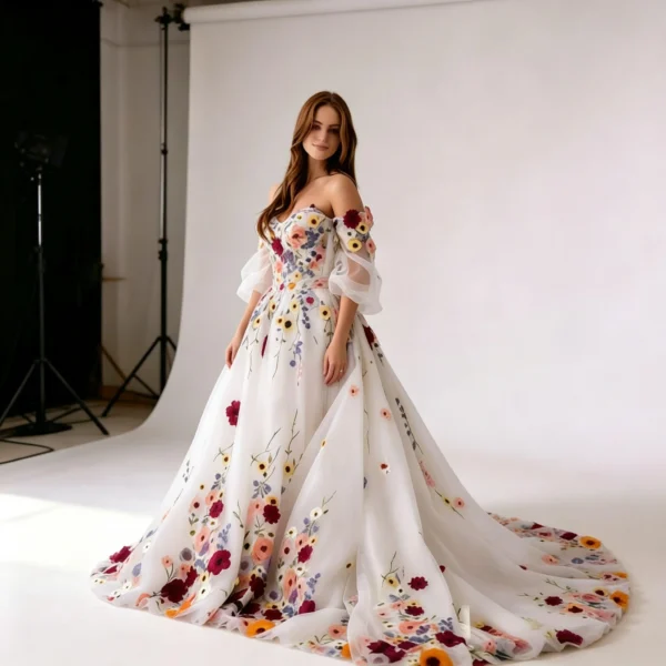Boho Floral Embroidery Off-the-Shoulder Evening Gown