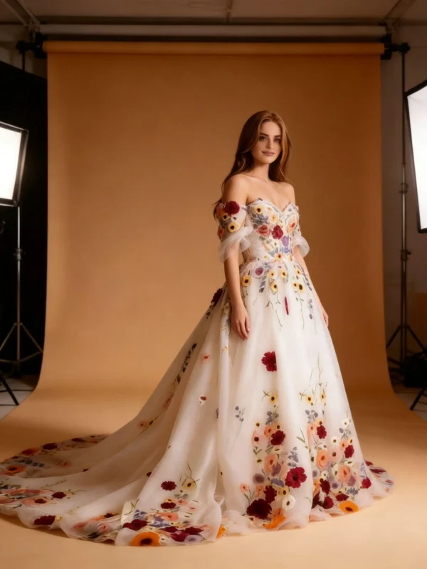 Boho Floral Embroidery Off-the-Shoulder Evening Gown
