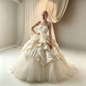 Ivory Strapless Ruffled Ball Gown Wedding Dress - Romantic Bridal Gown with Train