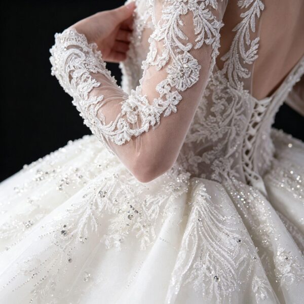 Lace Ball Gown Wedding Dress - Long Sleeve Bridal Gown with Illusion Open Back & Cathedral Train