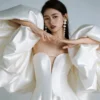 Luxury Satin Wedding Dress -  Oversized Puff Sleeves & Elegant Train