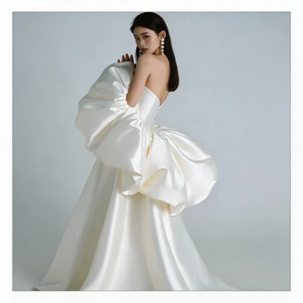 Luxury Satin Wedding Dress -  Oversized Puff Sleeves & Elegant Train