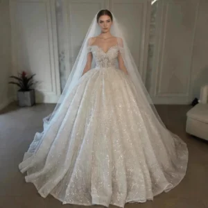 Bling Bling Off-the-Shoulder Ball Gown Wedding Dress with Train - Sparkle Sequin Bridal Gown
