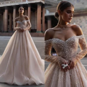 jimeng-2026-01-08-1570(1)(1) Champagne Off-the-Shoulder Bridal Gown