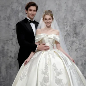 Off-the-Shoulder Satin Ball Gown Wedding Dress - Lace Embroidered Long Train Bridal Gown