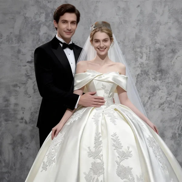 Off-the-Shoulder Satin Ball Gown Wedding Dress - Lace Embroidered Long Train Bridal Gown