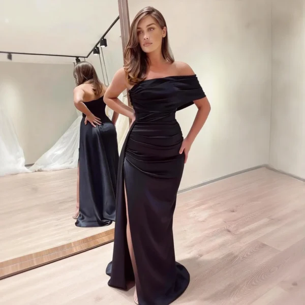 Satin Off-the-Shoulder Bridesmaid Dress - Slit Party Evening Gown with Elegant Drape