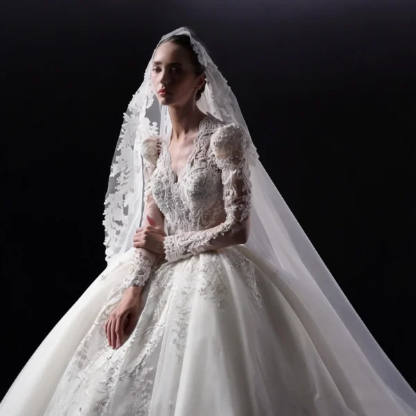 jimeng-2026-01-20-7766-调整图片比例1_1(1) Lace Ball Gown Wedding Dress - Long Sleeve Bridal Gown with Illusion Open Back & Cathedral Train