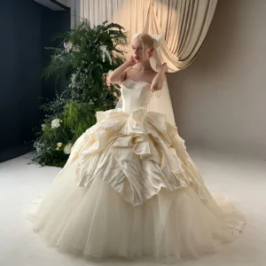 Ivory Strapless Ruffled Ball Gown Wedding Dress - Romantic Bridal Gown with Train