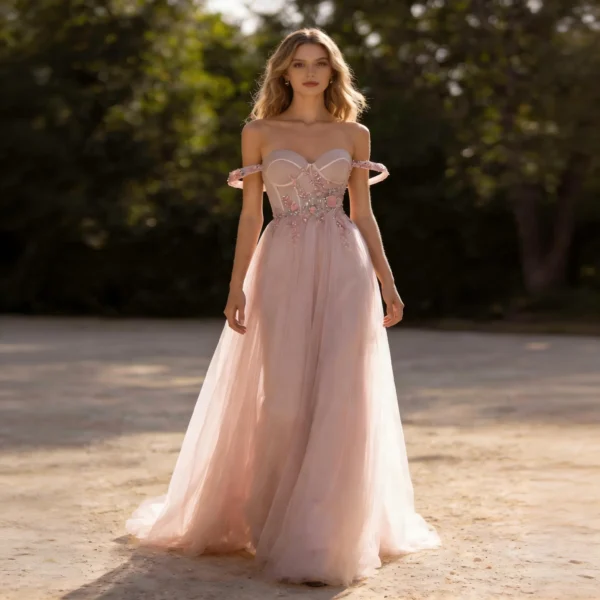 Blush Pink Off-Shoulder Tulle Gown, Beaded Corset Formal Evening Dress