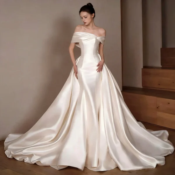 Off Shoulder Satin Wedding Dress with Bow Back, Ball Gown Bridal Gown