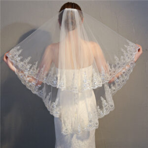 Sequin Lace Trim Fingertip Wedding Veil, Two-Tier Tulle with Blusher