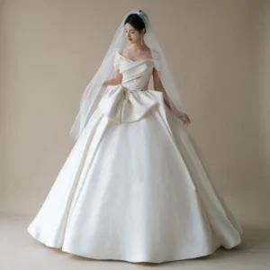 Luxury Satin Ball Gown Bridal Dress | Off-the-Shoulder Neckline with Oversized Bow Detail
