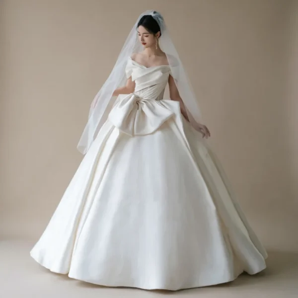 Luxury Satin Ball Gown Bridal Dress | Off-the-Shoulder Neckline with Oversized Bow Detail