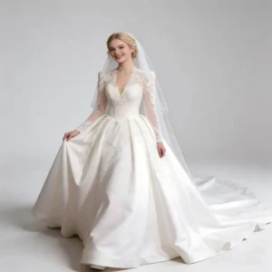 French V-Neck Lace Satin Ball Gown Wedding Dress with Cathedral Train, Elegant Bridal Gown