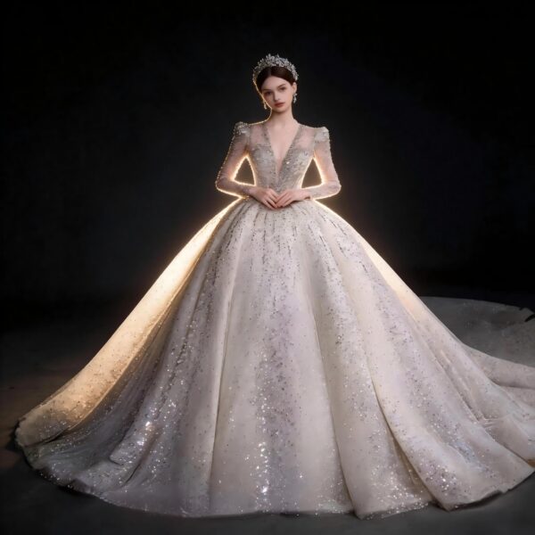 Sparkly Deep V-Neck Beaded Ball Gown Wedding Dress, Luxury Long Sleeve Bridal Gown