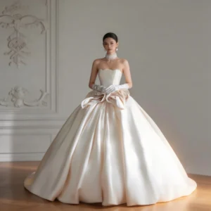 Luxury Strapless Satin Ball Gown Wedding Dress with 3D Rose Detail, Elegant Bridal Gown