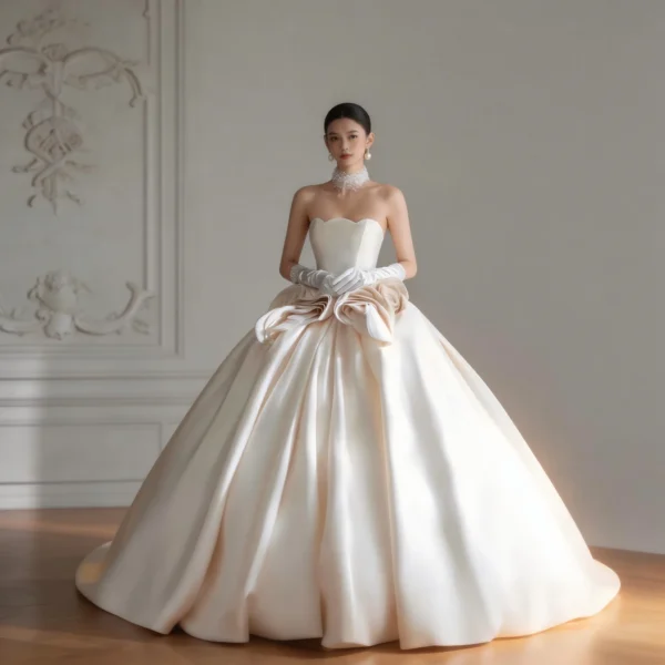 Luxury Strapless Satin Ball Gown Wedding Dress with 3D Rose Detail, Elegant Bridal Gown