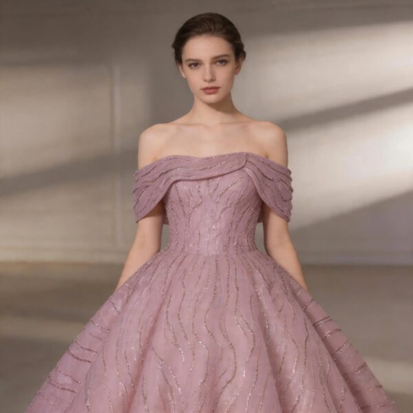 Pink Off-the-Shoulder Shimmer Ball Gown Evening Dress