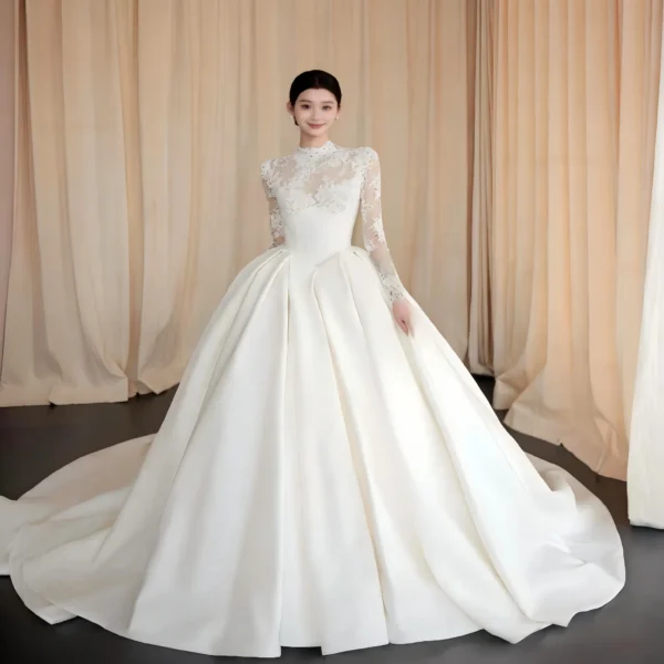 High Neck Lace Satin Ball Gown Wedding Dress, Long Sleeve Modest Bridal Gown