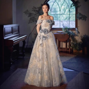 Dusty Blue 3D Floral Off-the-Shoulder Ball Gown