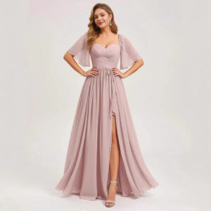 Sweetheart Neck Evening Dress - Pink Floor Length Gown with Slit