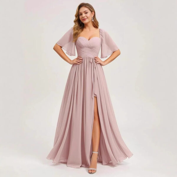 Sweetheart Neck Evening Dress - Pink Floor Length Gown with Slit
