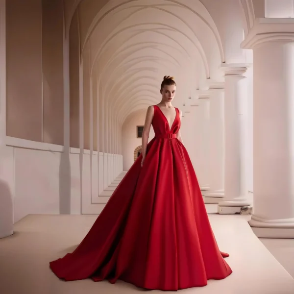 Romantic Red Plunge Neckline Bridal Gown with Sweep Train