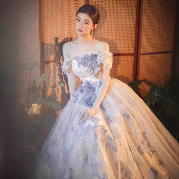 Dusty Blue 3D Floral Off-the-Shoulder Ball Gown