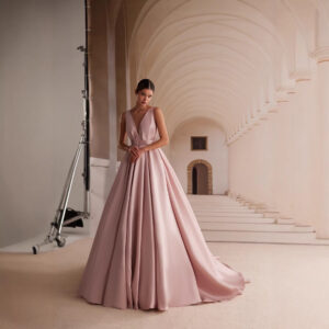 Blush Pink Satin Evening Dress, Deep V-Neck Evening Dress with Belt and Train