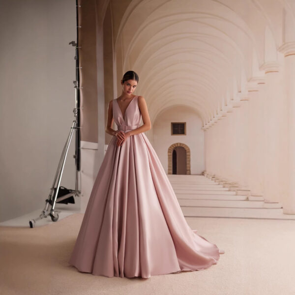 Blush Pink Satin Evening Dress, Deep V-Neck Evening Dress with Belt and Train