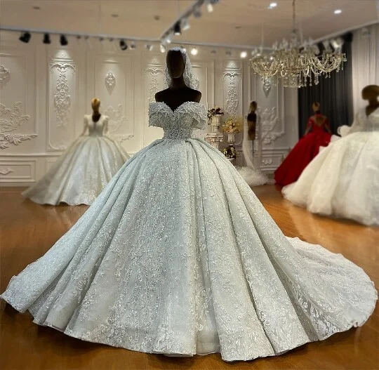Timeless Off-the-Shoulder Sequin Ball Gown Wedding Dress with Cathedral Train