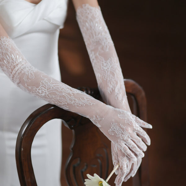 White Long Lace Bridal Gloves Sheer Tulle Wedding Gloves