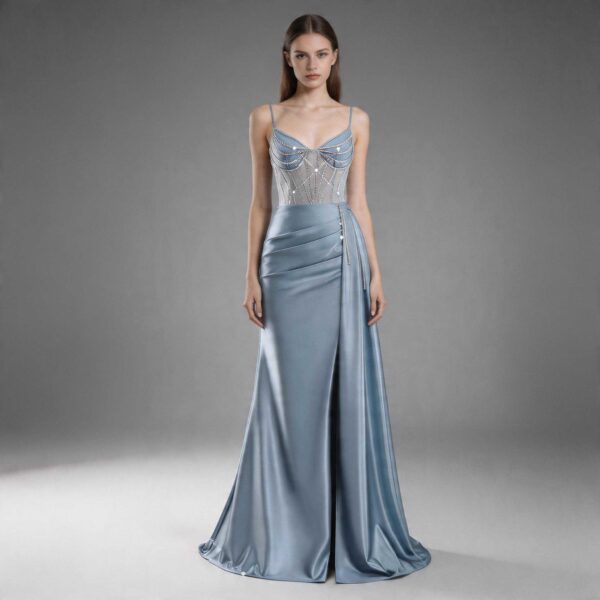 Blue Beaded Corset Satin Evening Dress with Slit
