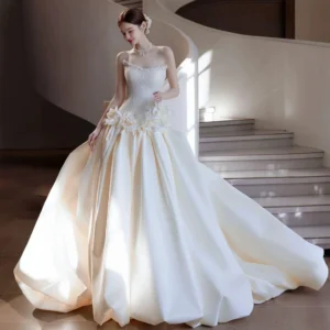 Strapless Beaded Satin Ball Gown Wedding Dress with 3D Floral Waist & Cathedral Train