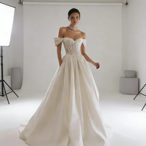 Off-the-Shoulder Satin Wedding Dress with Lace Corset Bodice