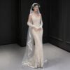French strapless mermaid wedding dress with vintage lace, heavy embroidery and vintage long veil